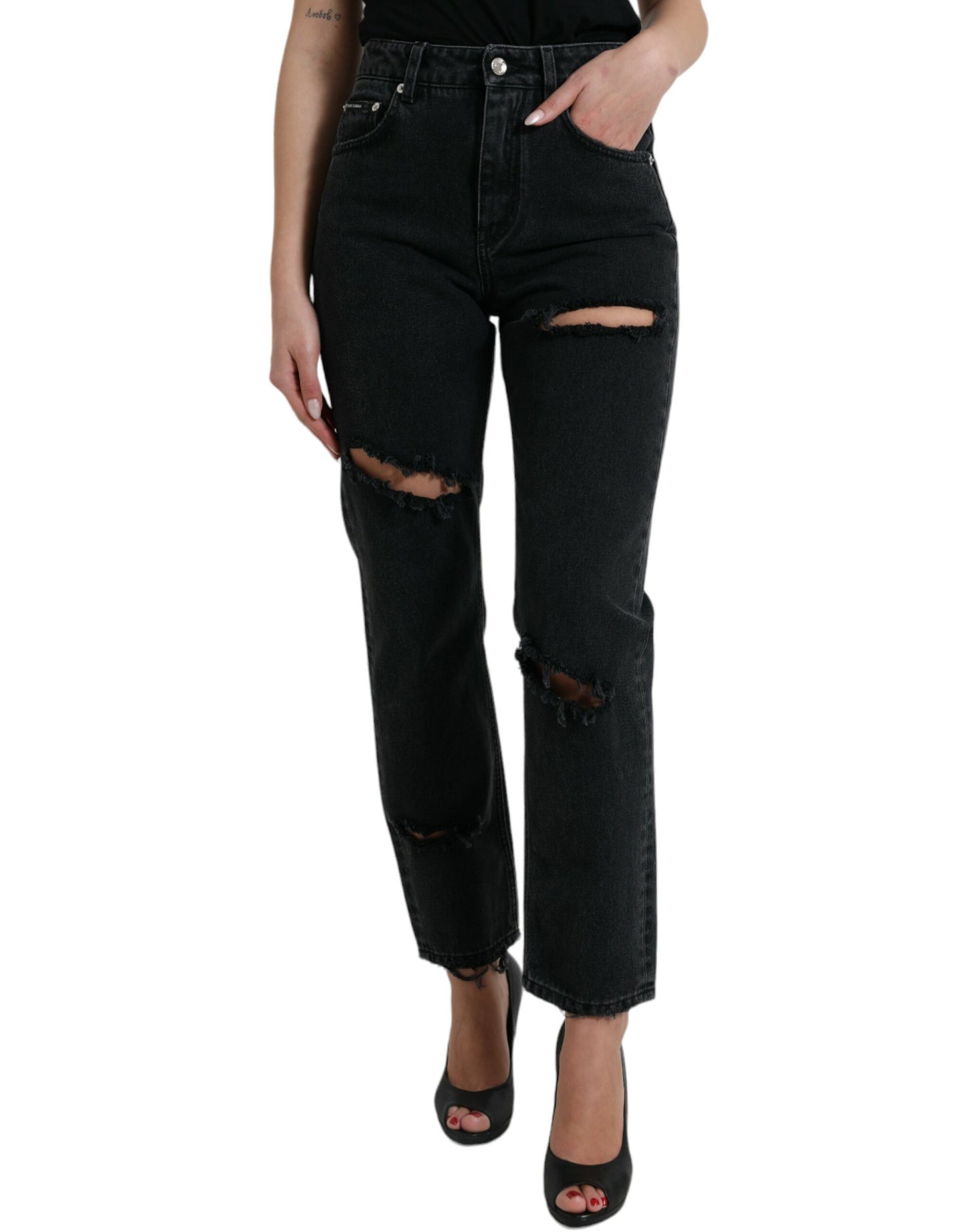 Jeans in denim strappato a vita alta in cotone nero