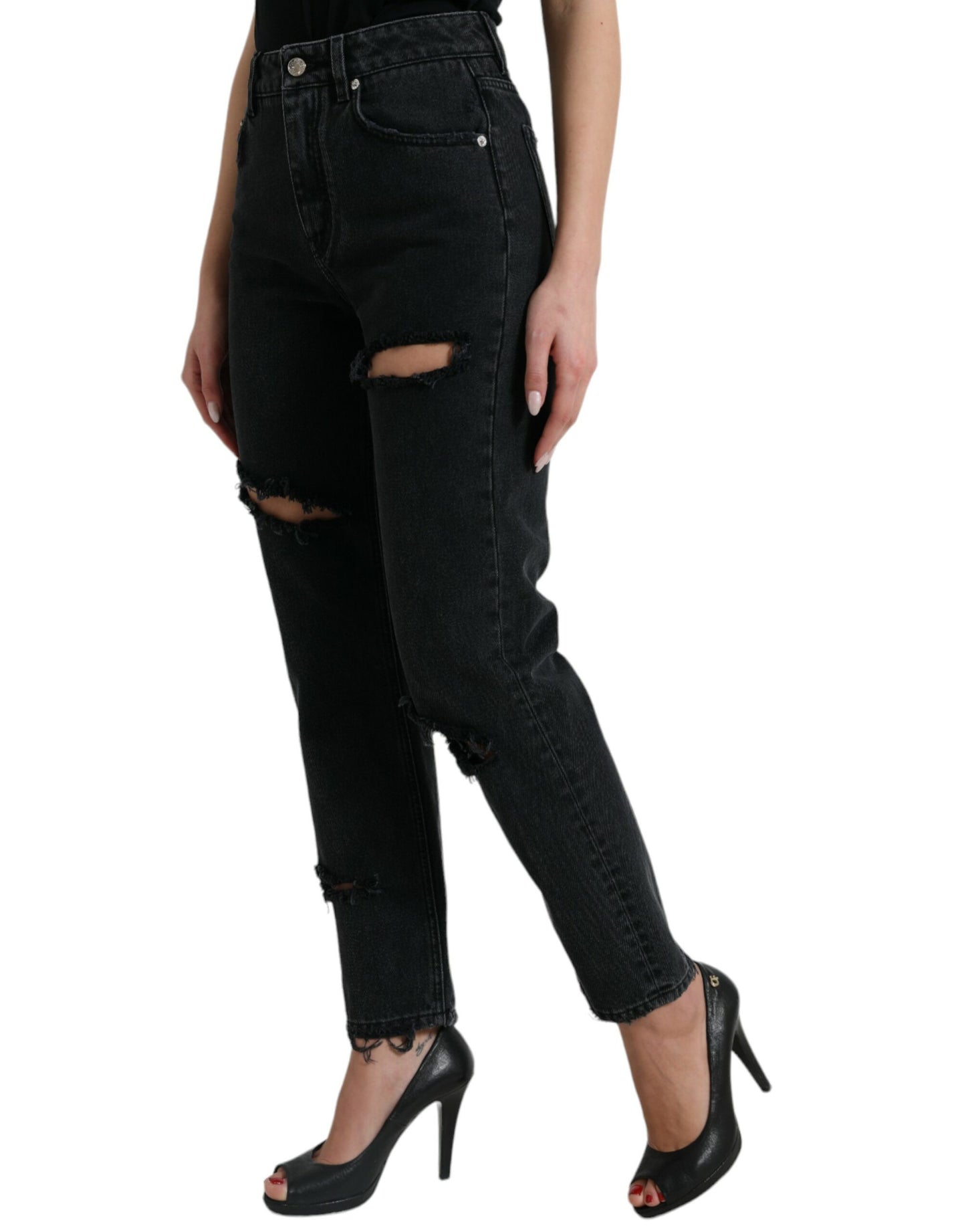 Jeans in denim strappato a vita alta in cotone nero