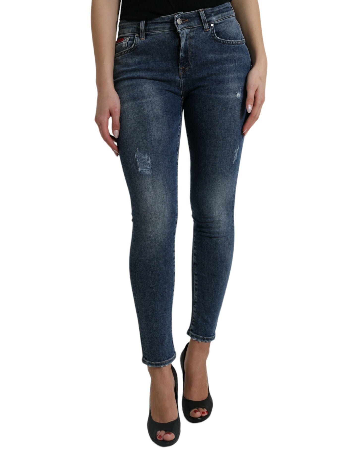 Jeans skinny in denim a vita media lavati blu scuro