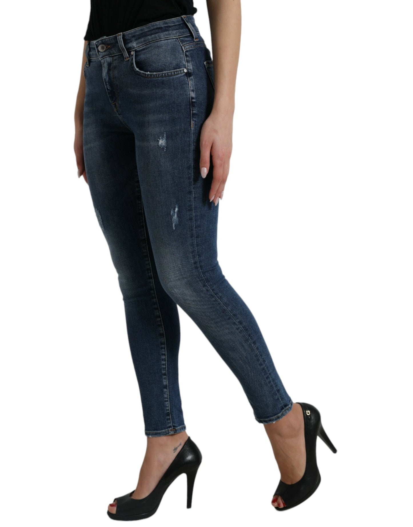 Jeans skinny in denim a vita media lavati blu scuro