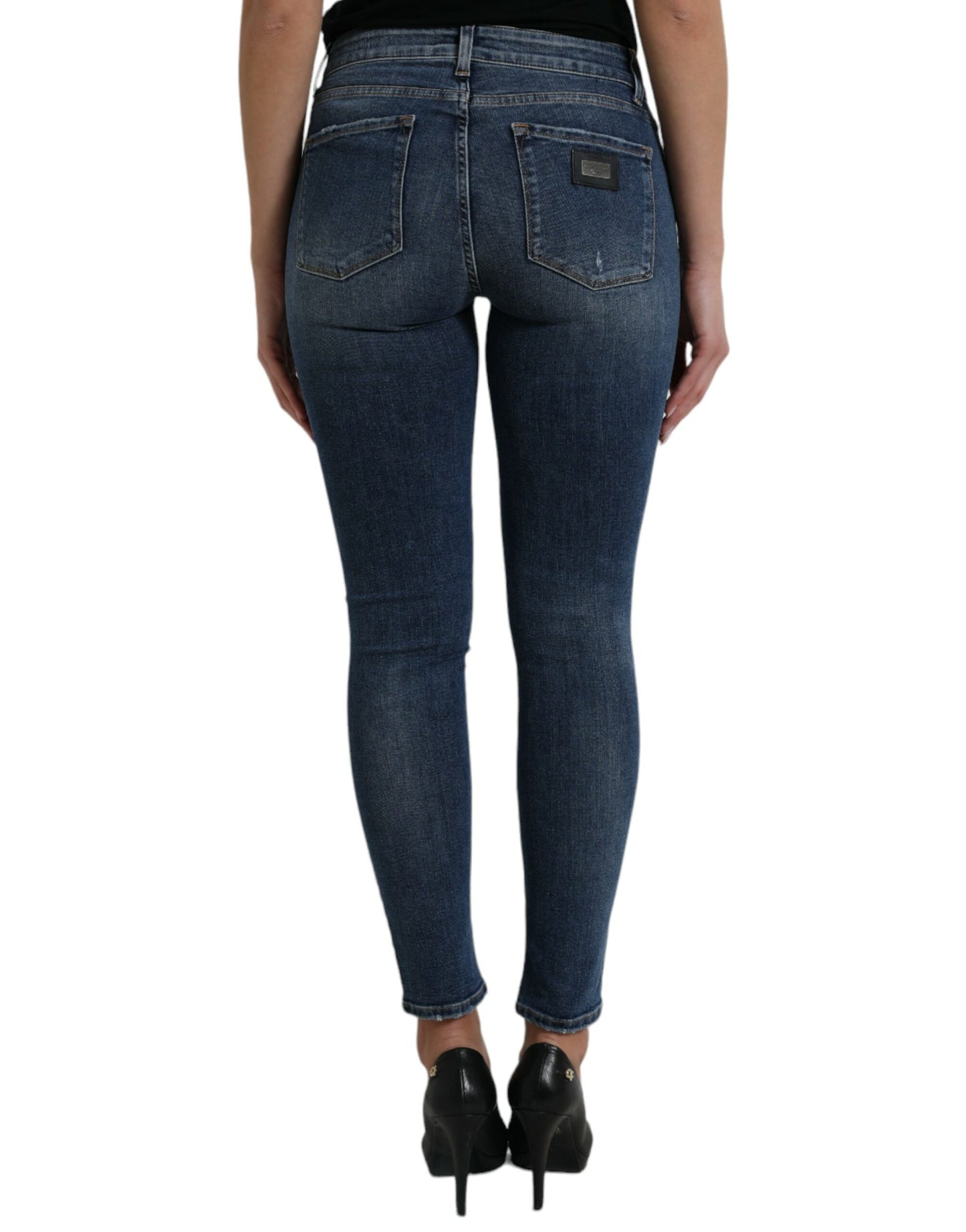 Jeans skinny in denim a vita media lavati blu scuro