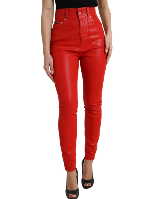 Jeans skinny in denim a vita alta in cotone rosso