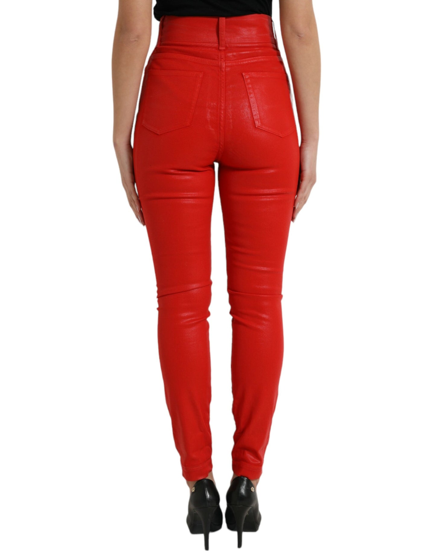 Jeans skinny in denim a vita alta in cotone rosso