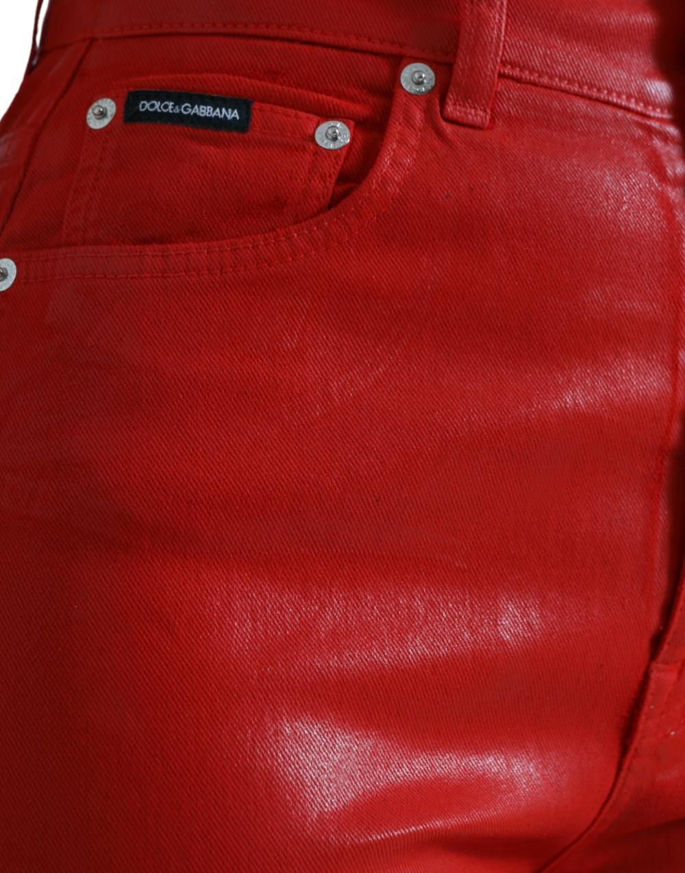 Jeans skinny in denim a vita alta in cotone rosso