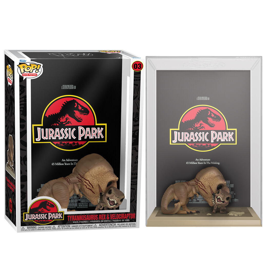 figure POP Poster del film Jurassic Park Tyrannosaurus Rex e Velociraptor